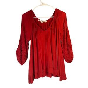 Max Studio Red Scoop Neck 3/4 Long Textured Sleeves Blouse Women Sz S